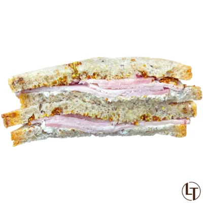 Sandwich Club au roti porc, philadelphia et moutarde ancienne dans Snacking, Sandwichs à la boulangerie pâtisserie La Talemelerie